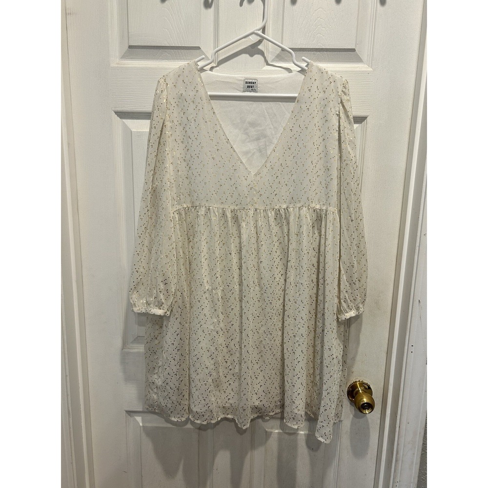 Aritzia Sunday Best White Gold Metallic Foil Dot Babydoll Mini Dress Womens‎ L
